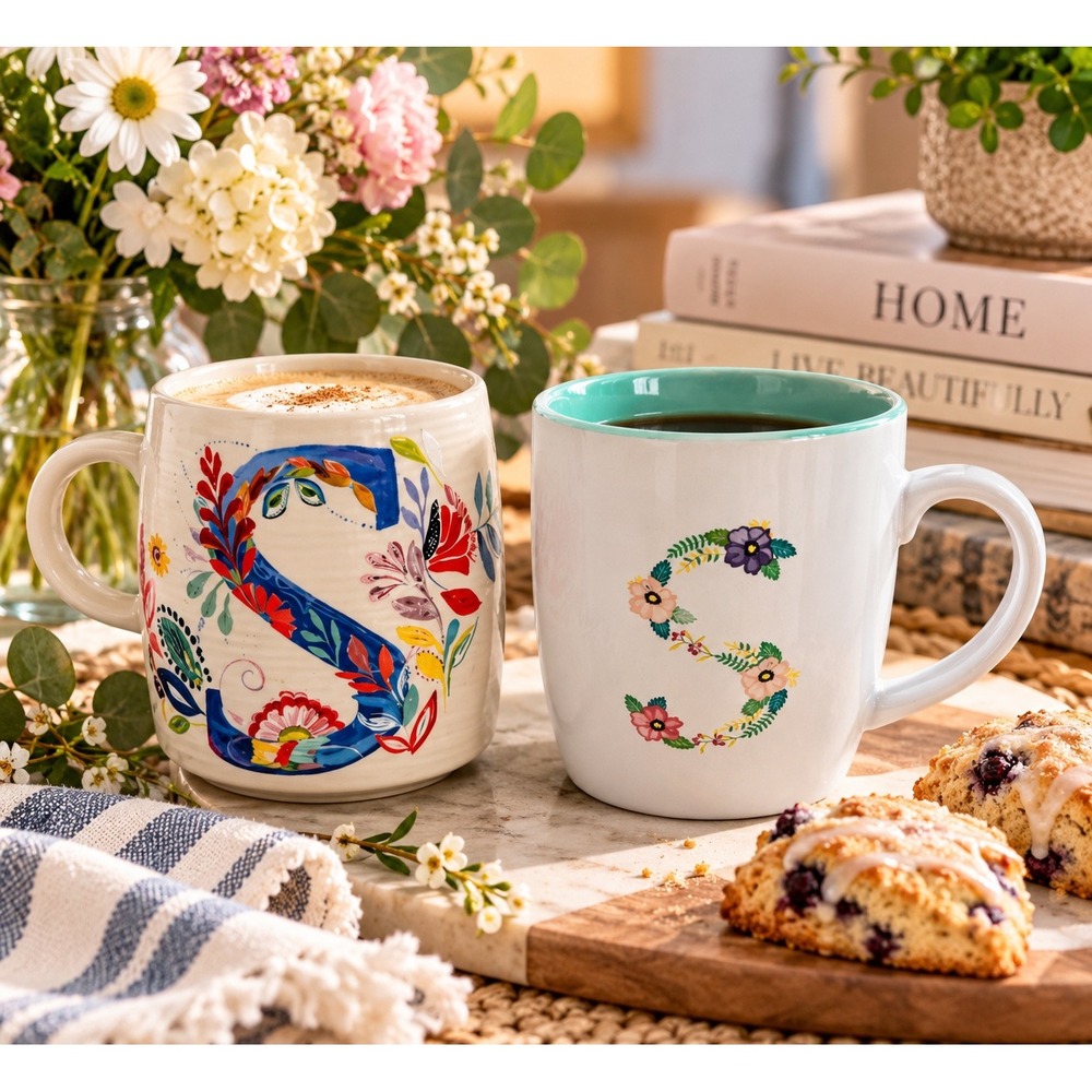 Anthropologie Starla Halfmann & Hello Spring Monogram S Floral Mugs Set of 2